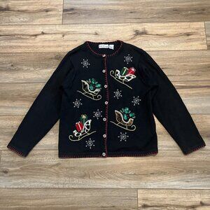 Women's B.P. Designs Christmas Cardigan Sweater SZ Medium Ugly Holiday Sleigh